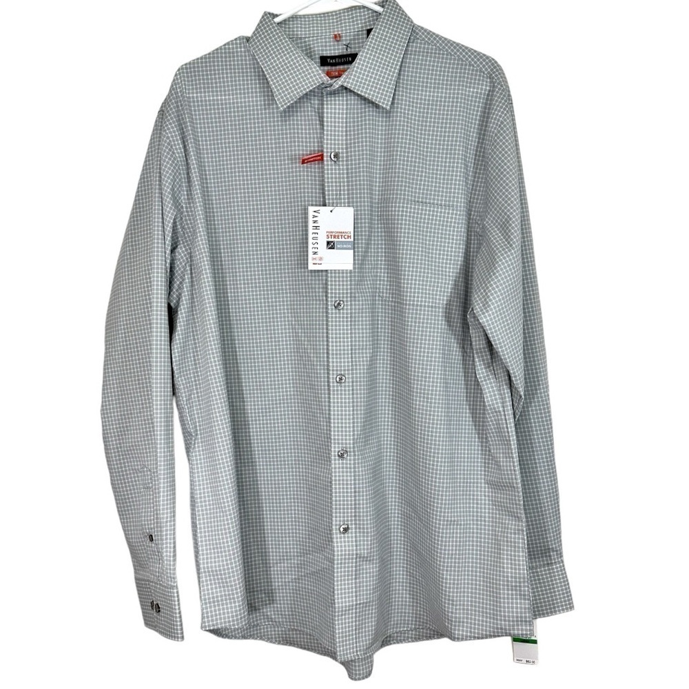 NWT- VanHeusen No Iron Traveler Stretch Gray/White Check Shirt- Size 16-16.5